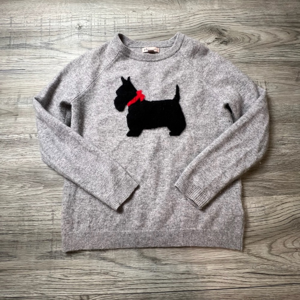Philosophy Cashmere Sweater Womens Medium Gray Scottie Dog Intarsia Crewneck
